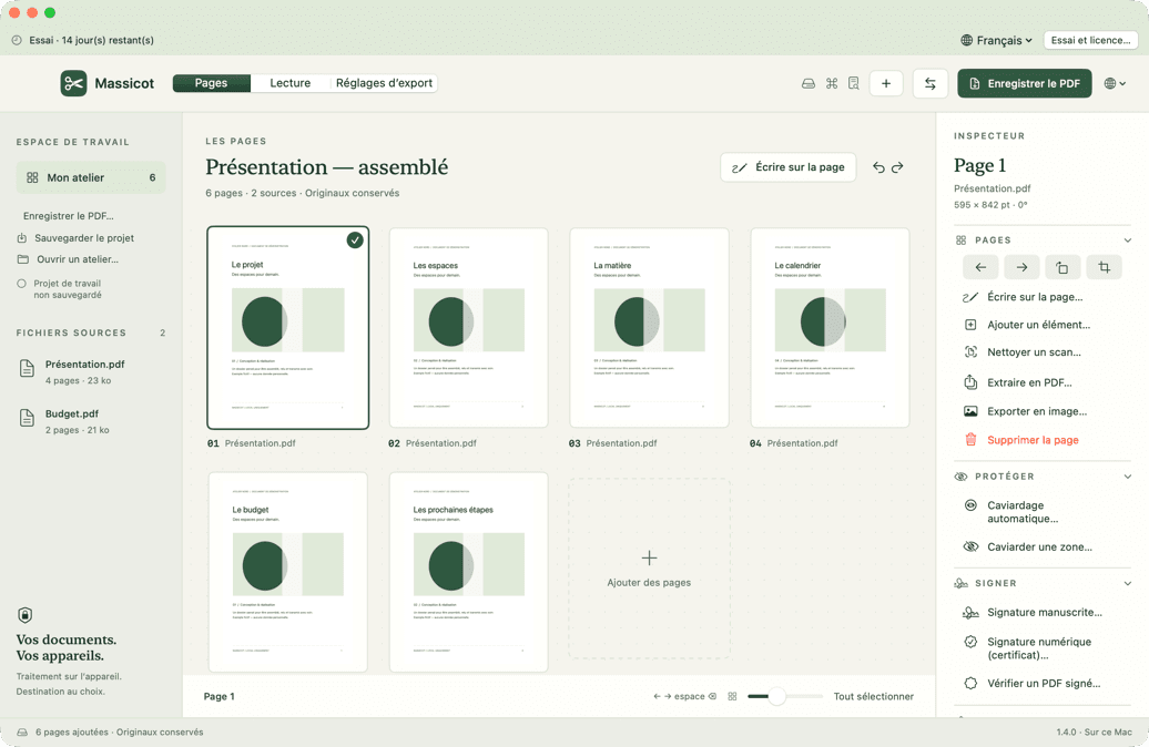 La vue Pages de Massicot : fichiers sources, pages du document et inspecteur