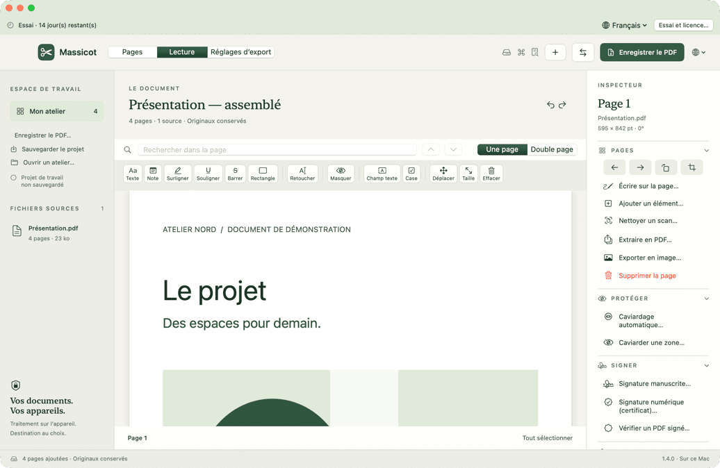 La vue Lecture de Massicot, avec les outils d’annotation au-dessus de la page